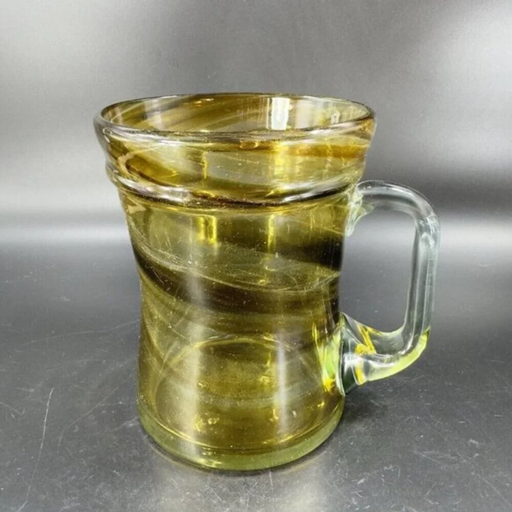 Hand Made Art Glass Mug Cup With‎ Applied Clear Handle Green Black Swirls Lines